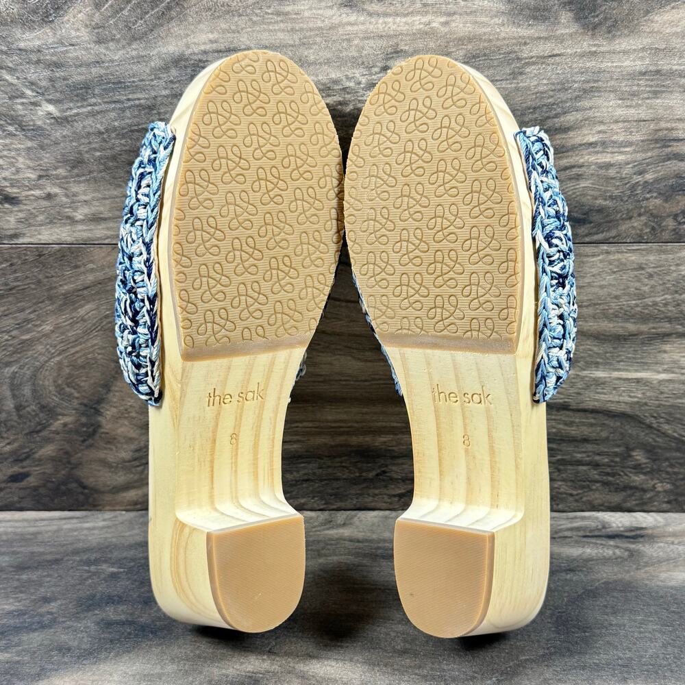 NIB The Sak Ella Hand Crochet Wooden Platform Clog Sandals 8 Blue Static Shell - Picture 8 of 10